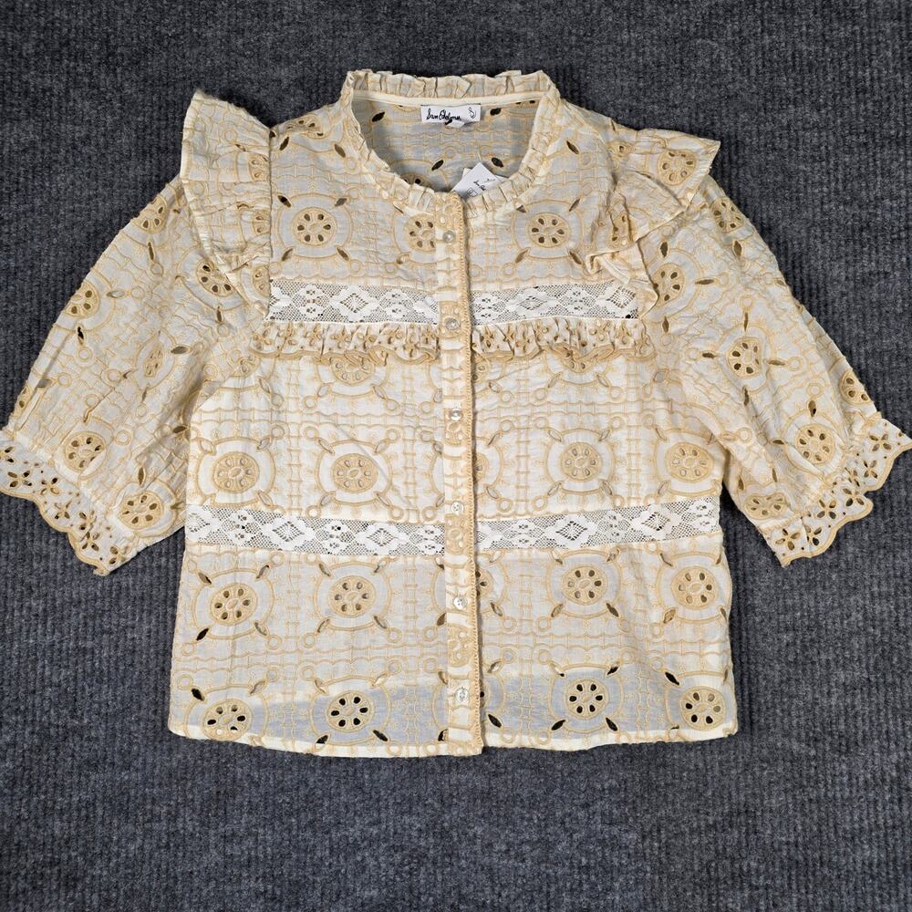 Sam Edelman Kailani Eyelet Lace Ruffle Blouse Top NWT Ivory Beige Medium